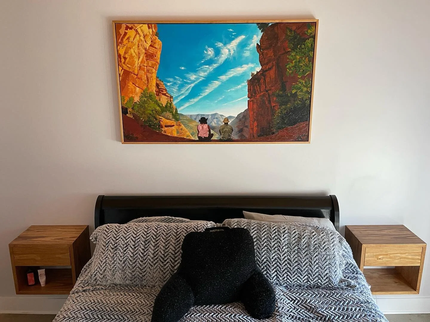 So it&rsquo;s been a while, but I&rsquo;m excited to share these floating nightstands and canvas frame I did for the King family! Finished the install up this past weekend and am happy to see all the parts come together! The wood is select clear-grad