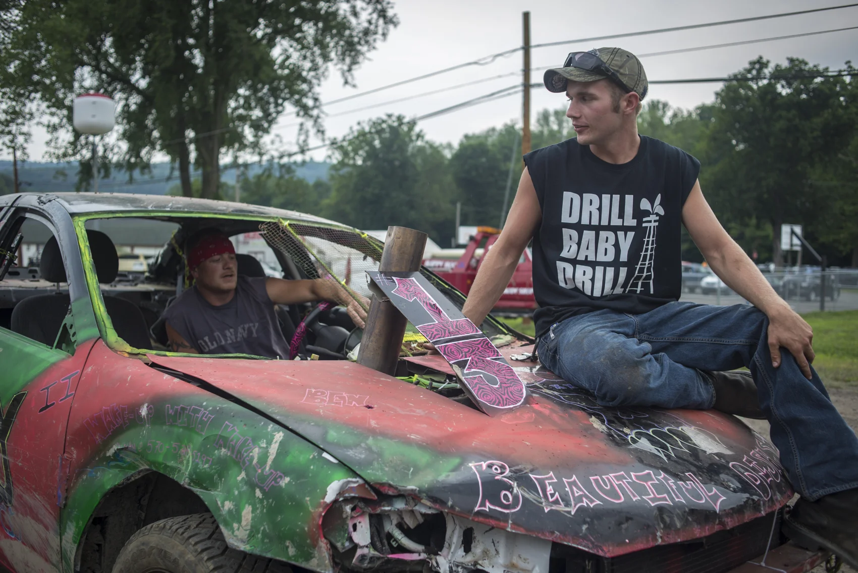 The demolition derby is one of the most popular events at the Troy Fair in Bradford County. Participants Mike Congdon (right) and Ben McClure are native to the area and work for a water hauling company that serves the gas industry.