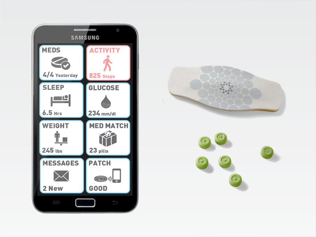 Proteus System - A chip on each pill communicate via a patch to an app on your phone. 