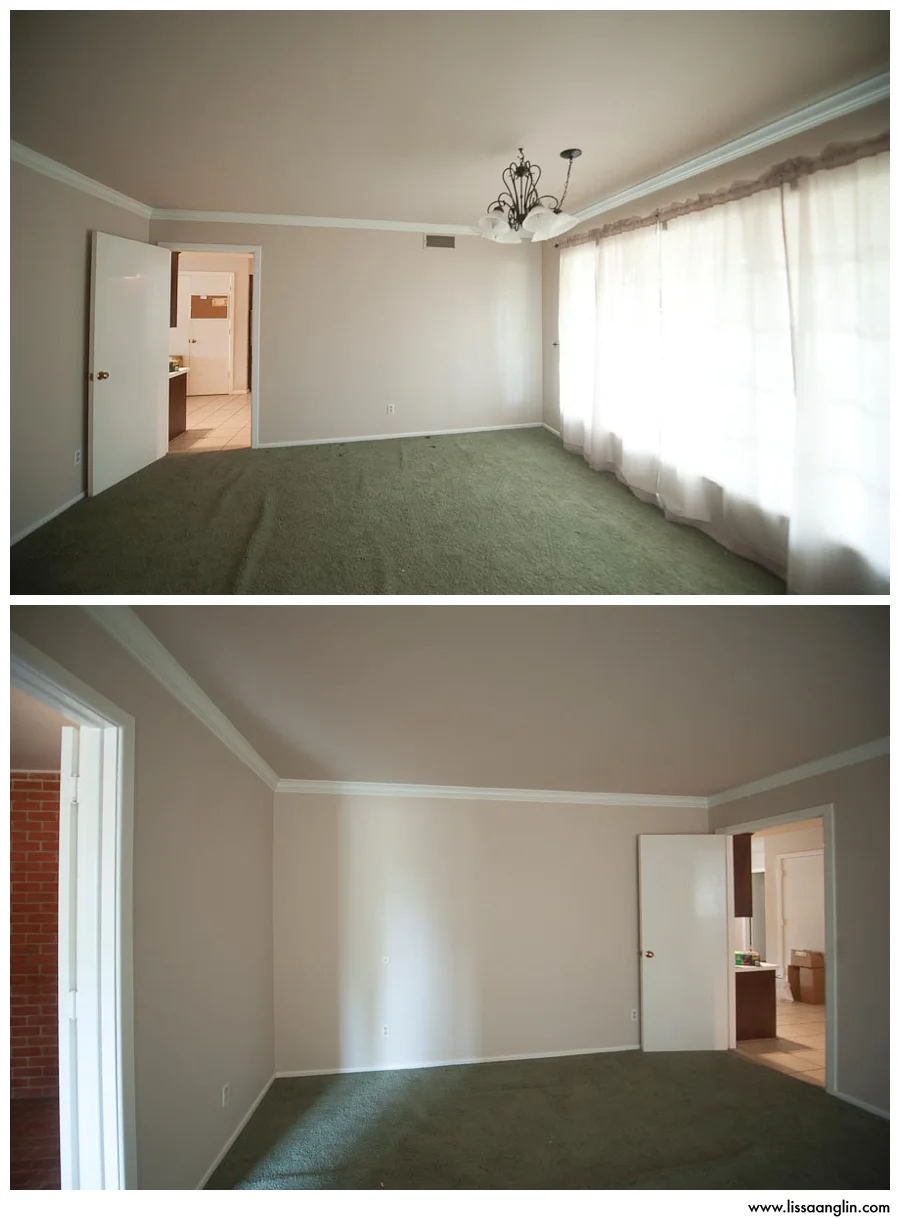 Dining room. This room has a big window that faces the front of the house, and doors that open into the entryway on one side, and the kitchen on the other. The far wall on the lower image had now been opened, so that this room is open to the living area!