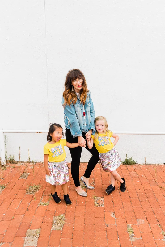 When I saw these rainbow sequin skirts, I knew the girls would LOVE THEM. And they do! My favorite thing is that they are lined with a soft jersey fabric so they stay comfy.