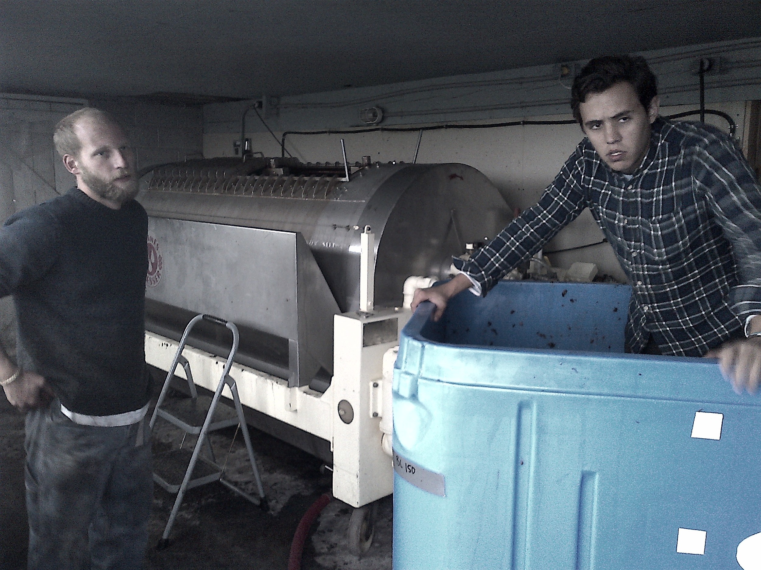  Assistant winemaker Richard with Sukko from Origin Liberty restaurant in Toronto, emptying the fermenter into Hinterland's horizontal tank press...  