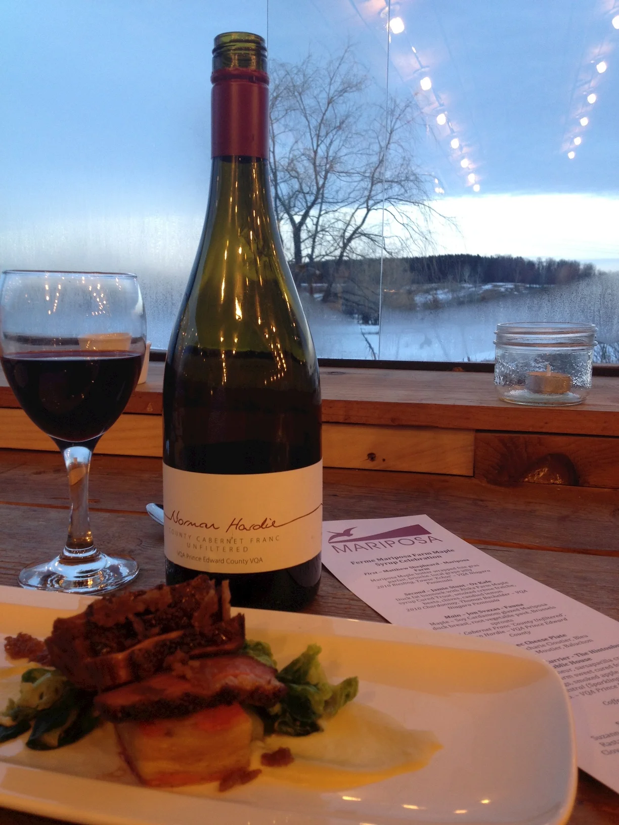 Course #3: Jon Svazas' Maple soy cardamom glazed Mariposa duck breast, root vegetable pave, brussel sprouts with Norman Hardie's Unfiltered Cabernet Franc from Prince Edward County.