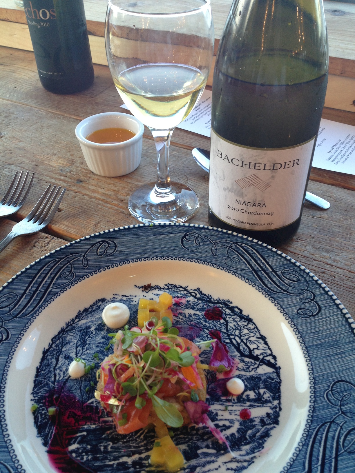  Course #2: Jamie Stunt's duck fat bannock with Alska Farm Maple Syrup cured trout, smoked crème fraiche, beets, chives, candied lemon with Thomas Bachelder's Niagara Chardonnay.  