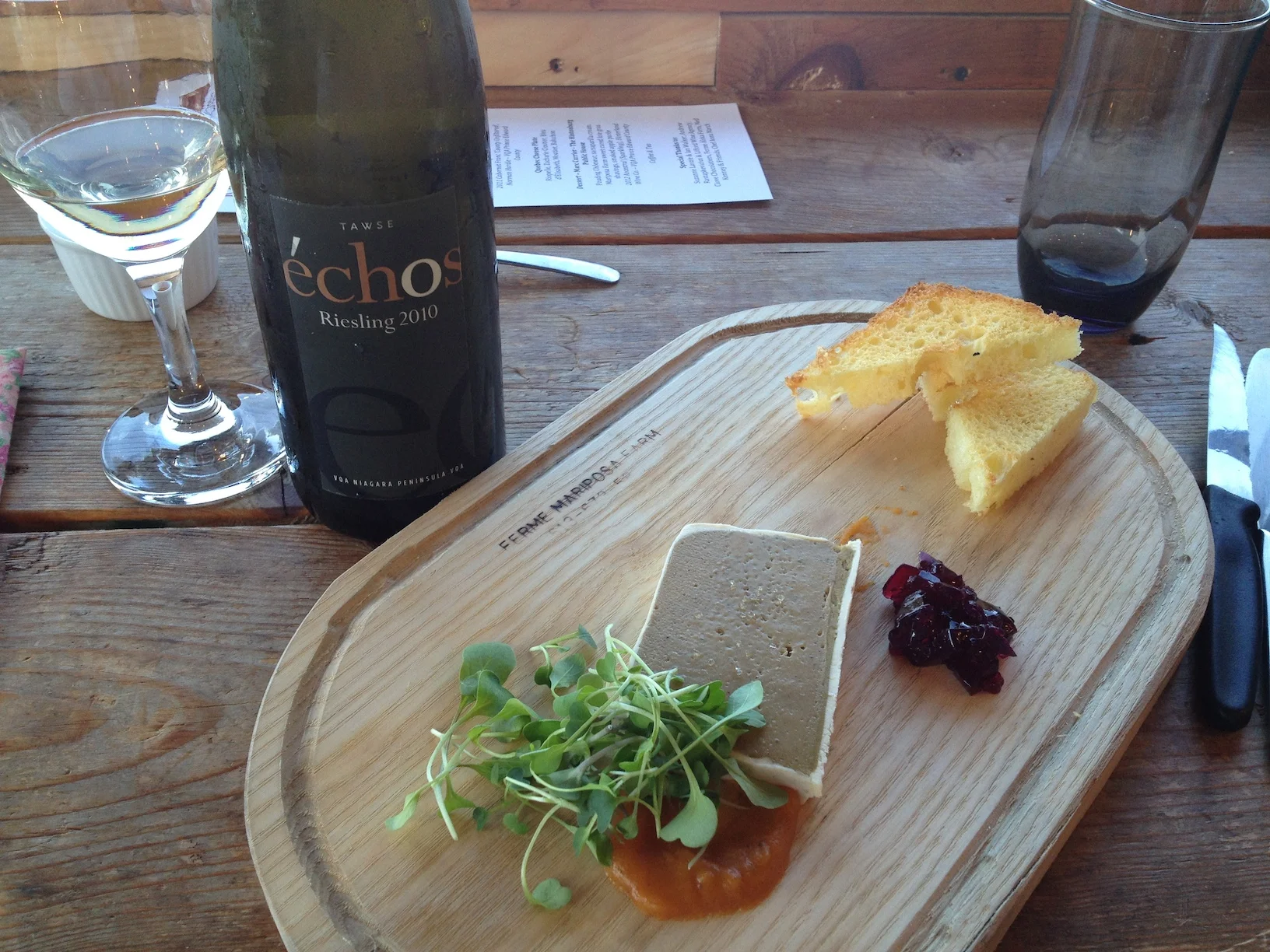 Course #1: Matt Shepard's Mariposa Maple butter wrapped foie gras parfait, brioche, local grape jelly with Tawse 'Echos' Riesling from Niagara.