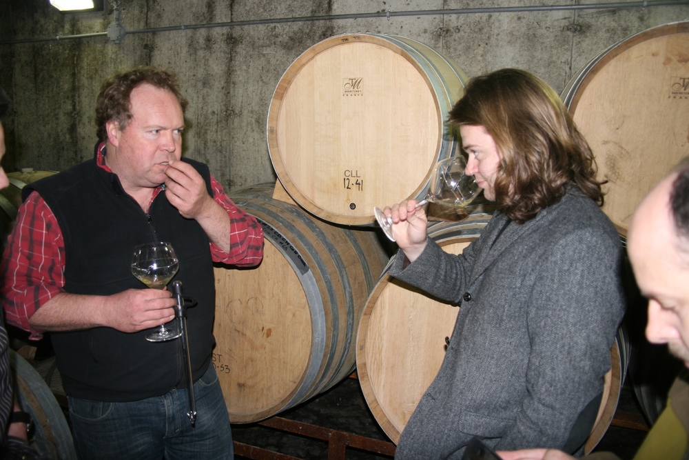  Norm tasting some County Chardonnay from barrel with Magnus Nilsson from Faviken, Sweeden.​ 