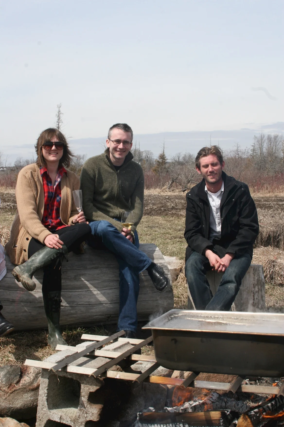 Some Ottawa love at the fire! Boiling down some sap for maple syrup is former Ottawa Whalesbone Chef Charlotte Langley, former Gold Medal Plates champ Marc Lepine of Atelier, and current Gold Medal Plates champ Jamie Stunt of OZ Cafe.