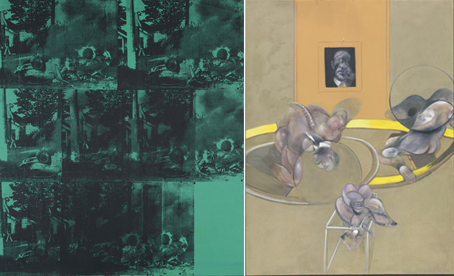  R. Andy Warhol, Green Car Crash (Green Burning Car I) 1963. R. Francis Bacon, Three Figures and Portrait. 1975