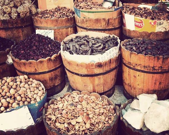 Hibiscus, used to make a deep red tea, being sold in an Egyptian souk (market).