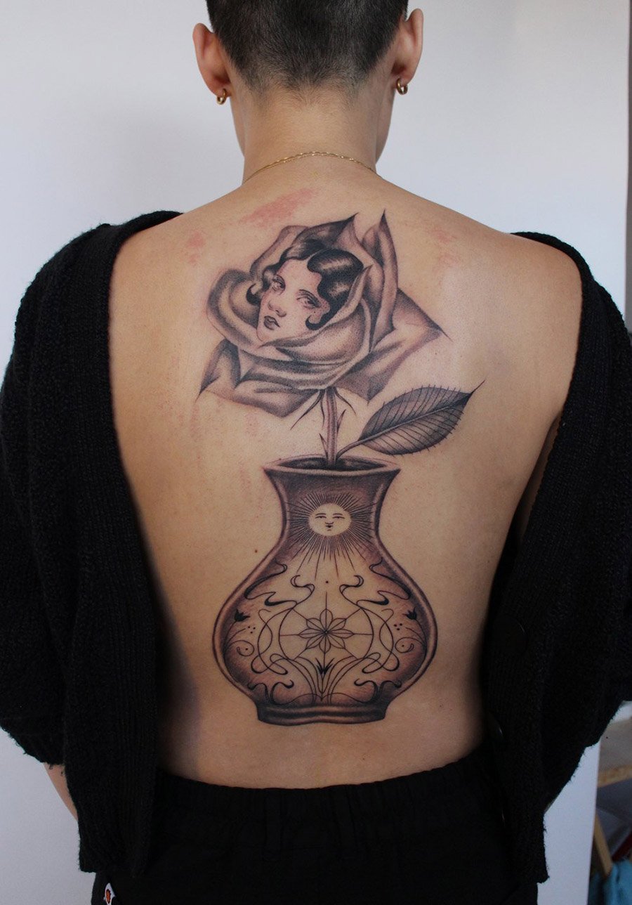 back piece female fine line delicate vase lady face patternJacqueline may tattoo art.jpeg