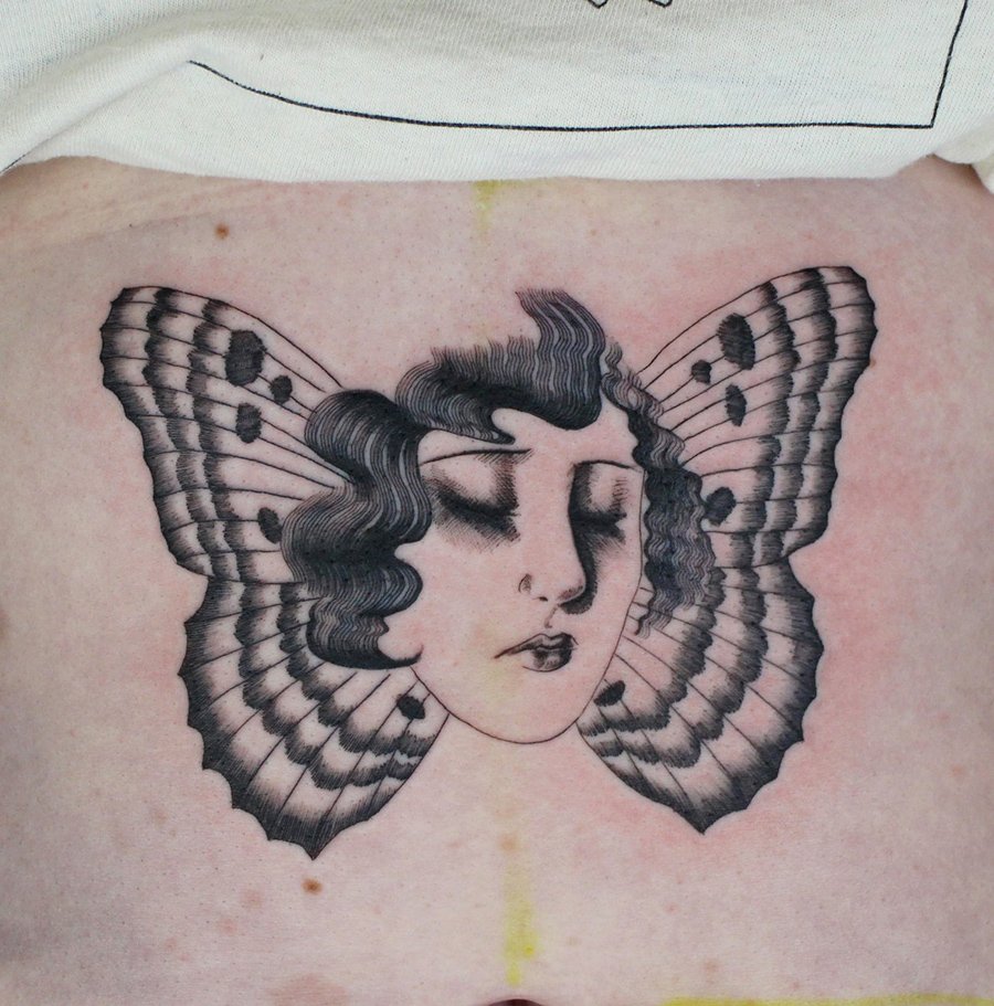 butterfly face stomach piece texture sad Jacqueline may tattoo art.jpeg