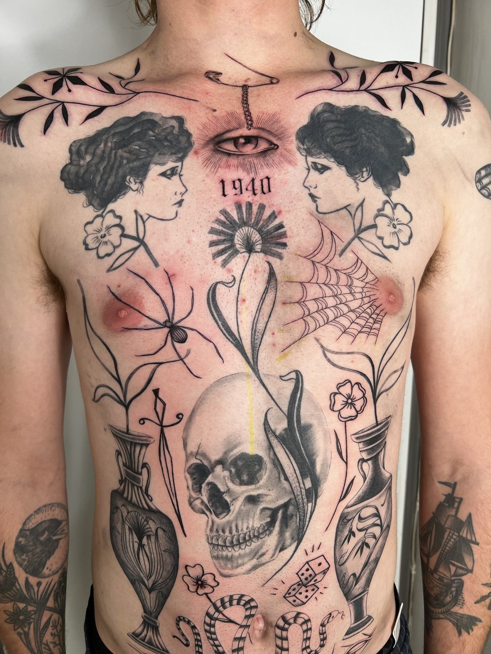 male full front piece chest piece tattoo vase skull flower snake dice Jacqueline may tattoo art.jpeg