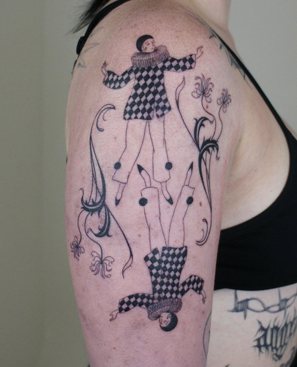 pierrot art deco checkers delicate fine line Jacqueline may tattoo art.jpeg