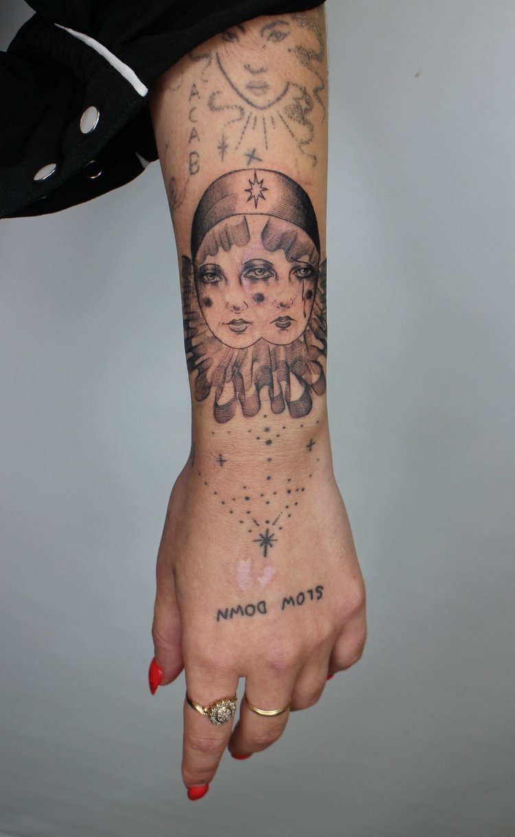 pierrot blast over tattoo textured fine line Jacqueline may tattoo art.jpeg