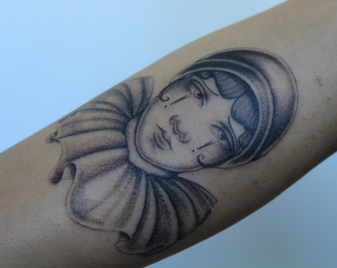 pierrot sad fine line delicate Jacqueline may tattoo art black and grey toronto artist.jpeg