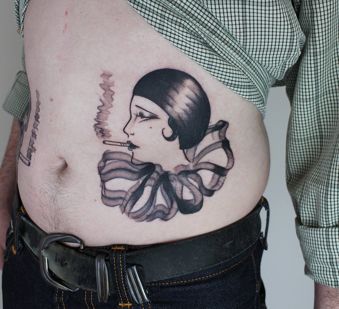 pierrot smoking texture stomach tattoo Jacqueline may tattoo art.jpeg