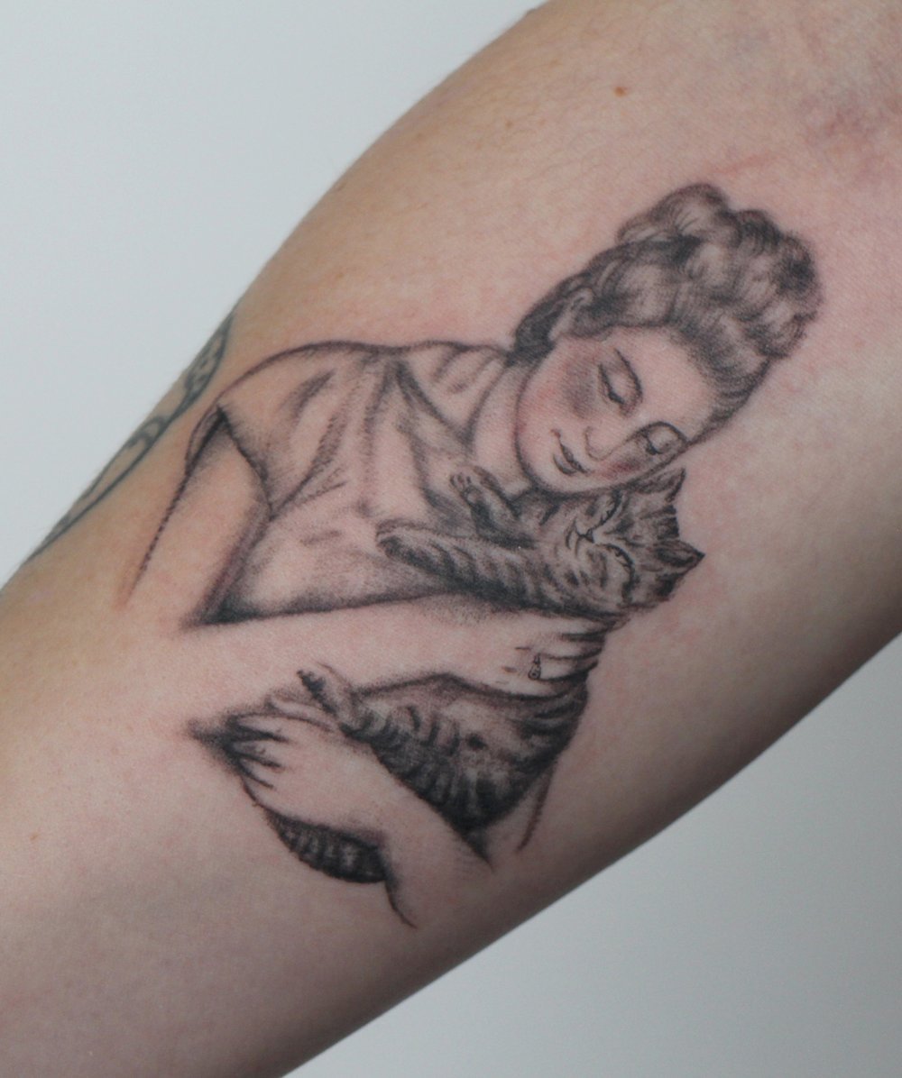 renoir cat tattoo women with a cat impressionist impressionism black and grey Jacqueline may tattoo art.jpeg