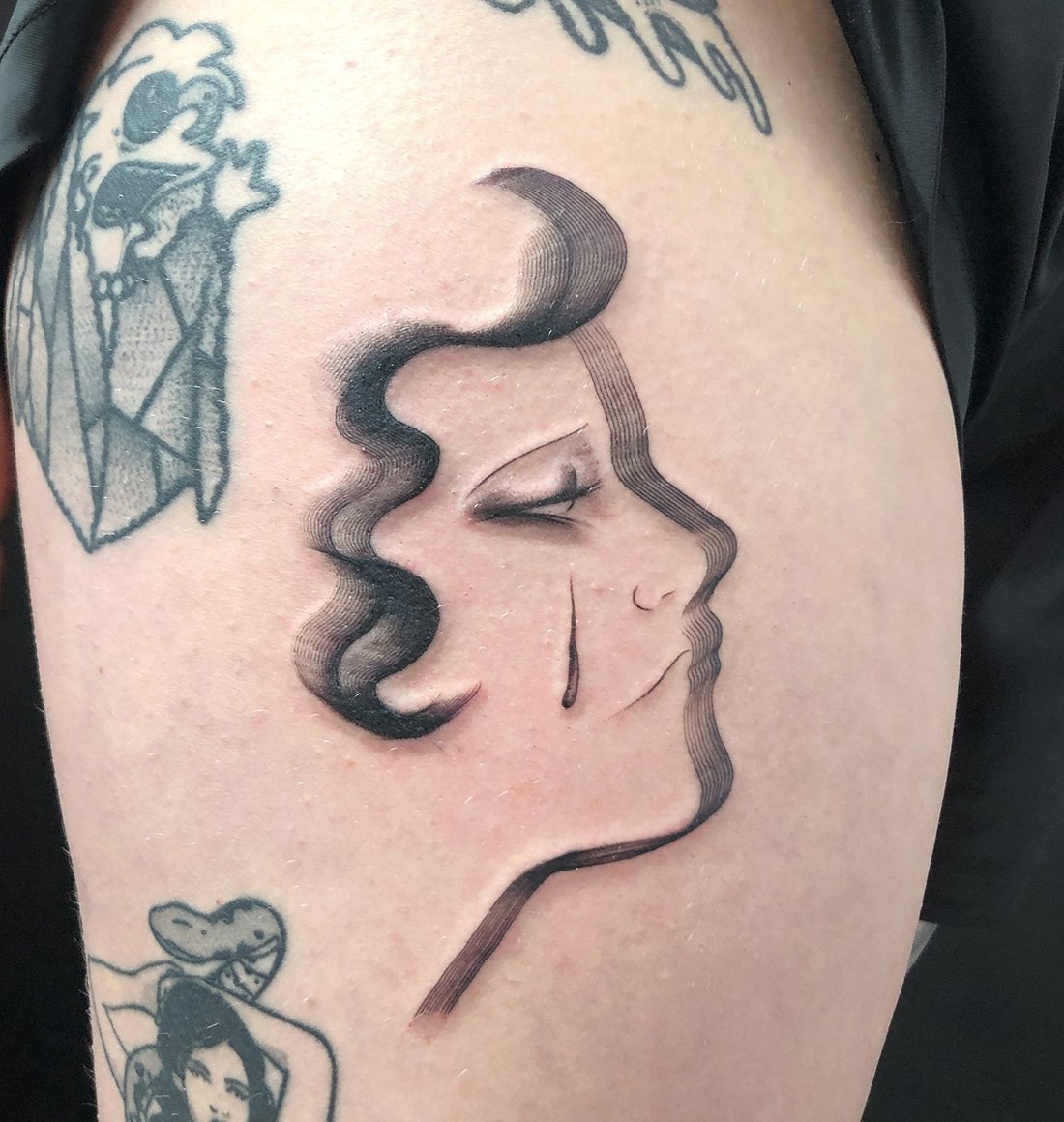 side profile lady face sad tears texture minimalist Jacqueline may tattoo art.jpeg