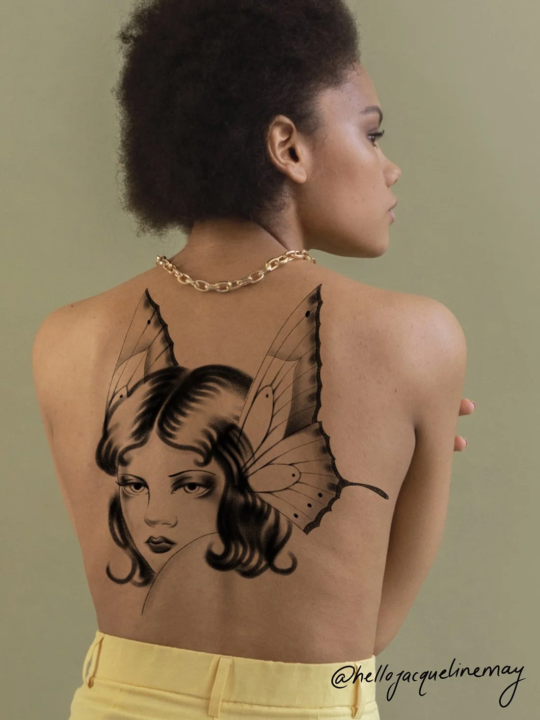 lady face butterfly Jacqueline may tattoo art concept back piece