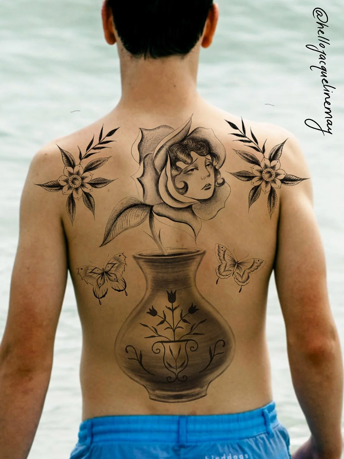 male backpiece floral flower vase flash tattoo toronto jacqueline may