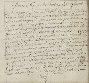 Dr. Burges’s recipe for plague water, found in Mary Granville’s book of recipes (1641)From Folger V.a. 430, Granville Family Receipt book
