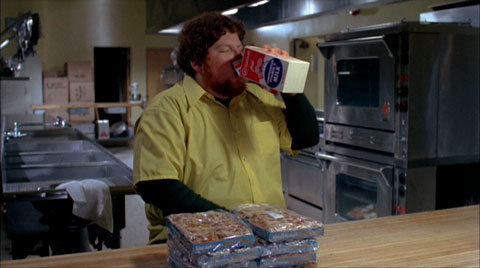 He broke into the kitchen to get milk. MILK!