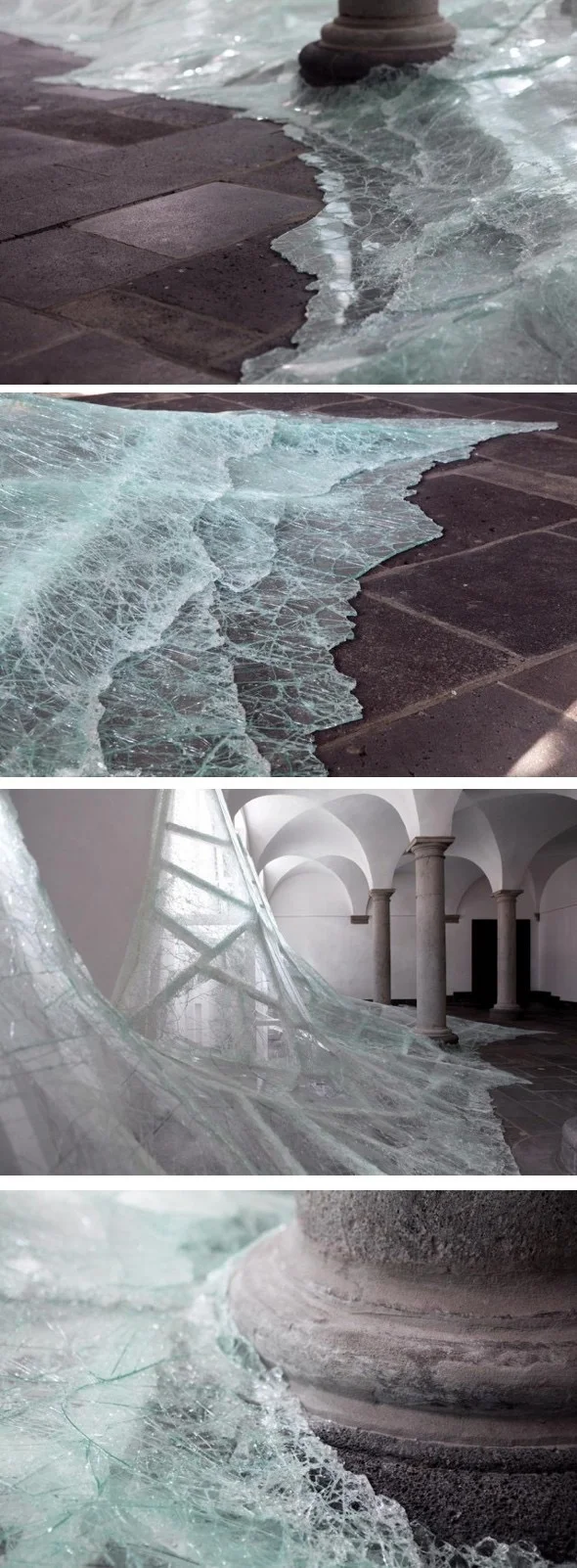 Installation by artist Baptiste Debombourg in a beautiful Abbey called Brauweiler Pulheim near Cologne in Germany. Debombourg used many sheets of glass, wood, nails and white paint. He tries to imitate a flood of water rushing into a room or the influence of ice on a place.