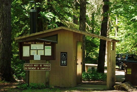 Vault restroom in Hoover Campground, Detroit Lake, OR