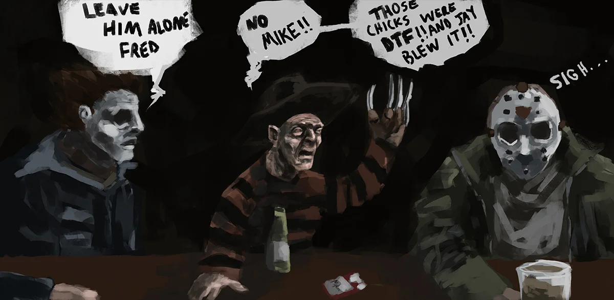 Couldn't figure out what to paint today so I just decided to keep it loose again. I'm concentrating on keeping everything loose and getting away from my more detail oriented stuff. This one was another fast painting. Also out of doing this exercise I came up with the idea to make these little shorts with these classic horror movie characters. Its gonna be a little comedy comic that will mainly just be single panels with the guys doing random regular things. Spoiler alert Freddy is kind of a dick.