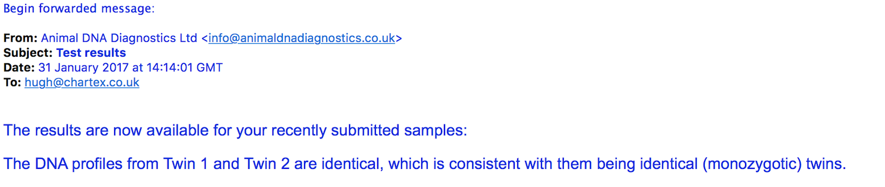 Lab Test Results confirming the Identical Twins 