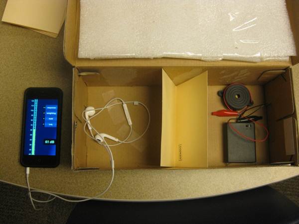 Testing station for the "Sound Reducing Wall" SLED activity for grade 3 classroom.