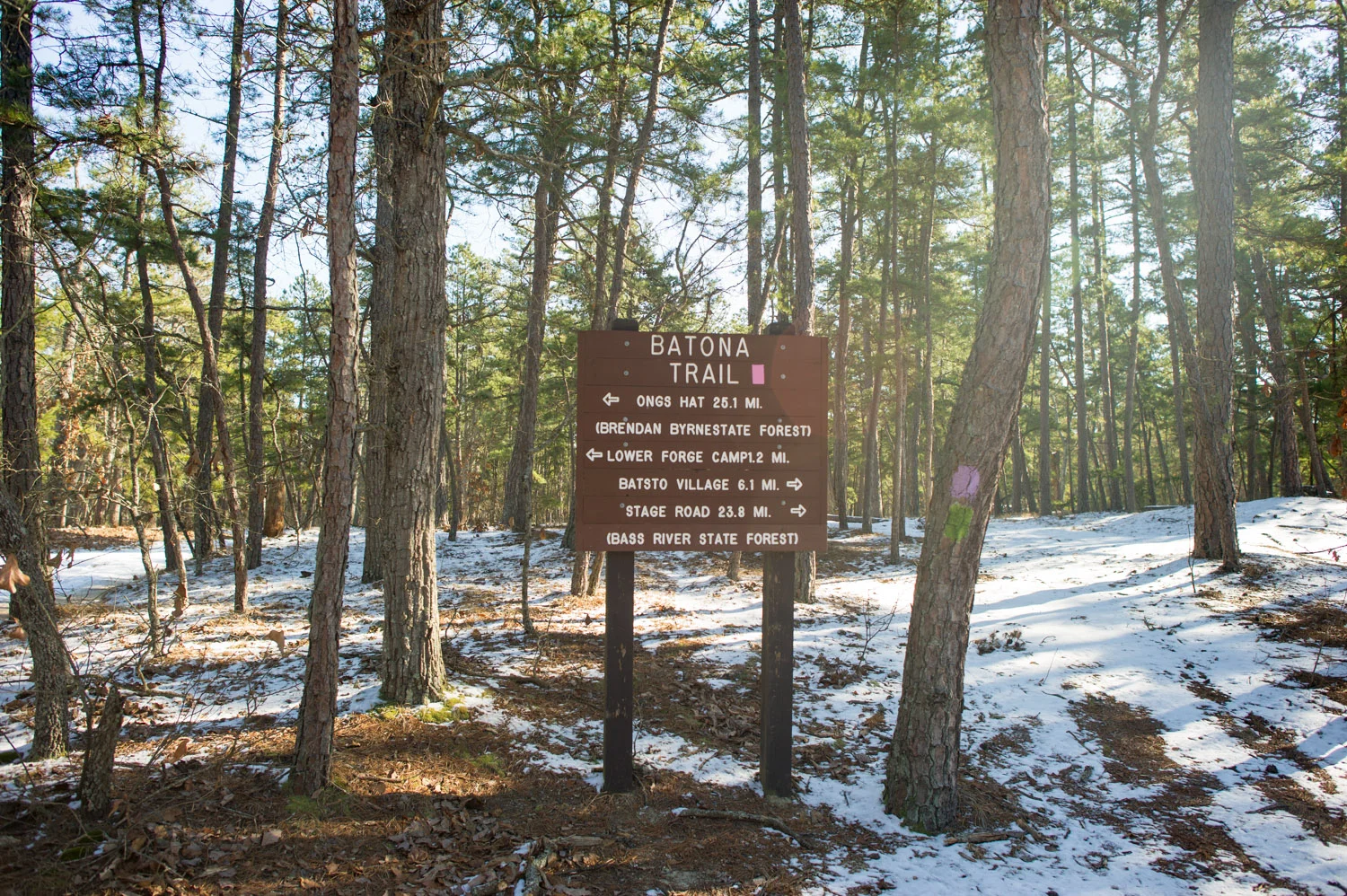 The intersection of a few trails and the distance we had left to Batsto Village.