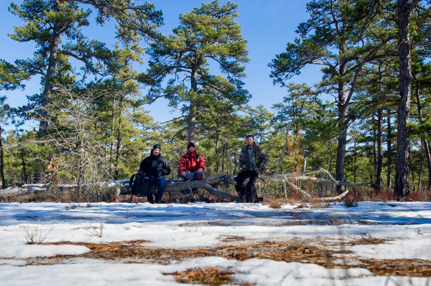 Myself, and my friends Jesse & Richie taking a much needed rest while walking the 9+ mile Mullica River trail in Wharton State Forest. It was a beautfiul winter hike with snow covering most of the ground, clear skies and good company. A great day outdoors.