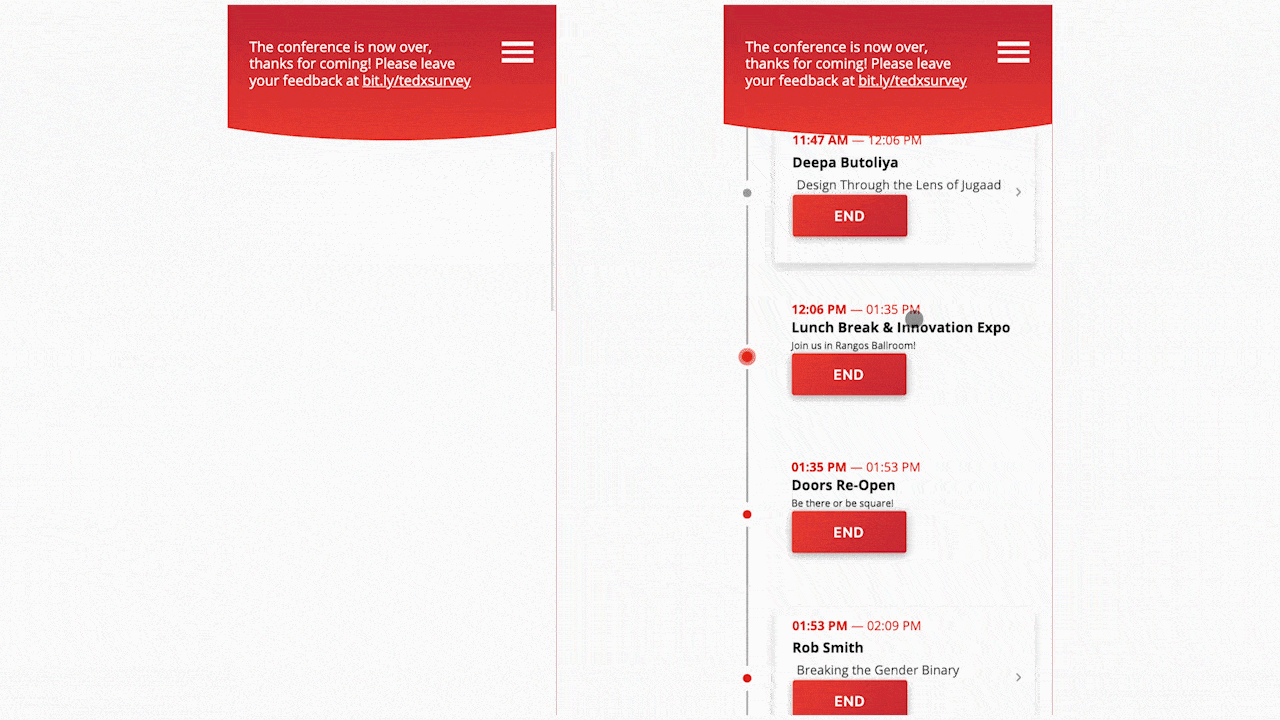 TEDxCMU board members can can quickly change the web-app’s announcements, to keep audience members in the loop. Changing event times is a fast, real-time process - ensuring the event schedule is constantly updated.