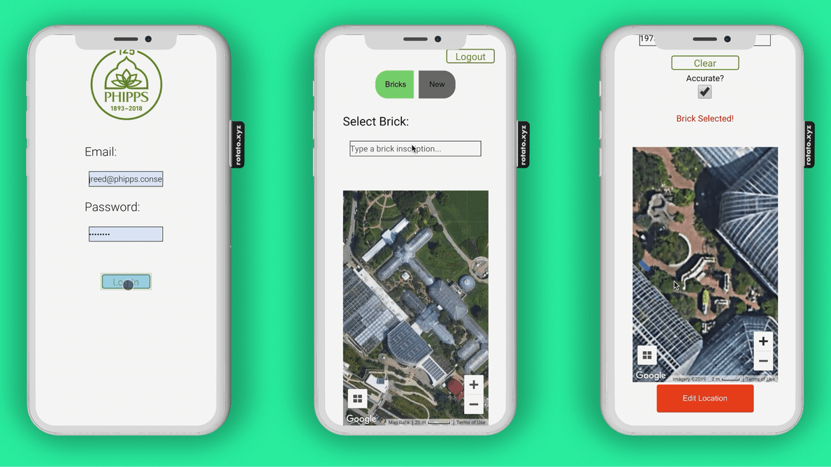 Upon logging in with their credentials, Phipps employees are taken to the “Edit Bricks” page, where they can see information on all 6,000+ bricks in the database. The bricks can be updated by simply selecting one, tapping a location on the map, and submitting the new location to the system. Each entry to the Algolia database is timestamped and attached to a user record, for analytics and tracking.