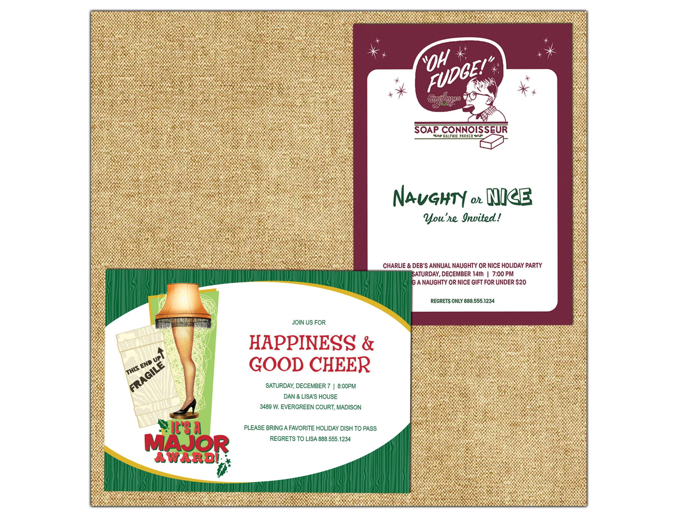 Clockwise from top left: Naughty or Nice Holiday Party Invitation and Major Award Holiday Party Invitation. Now available for purchase at PaperStyle.com
