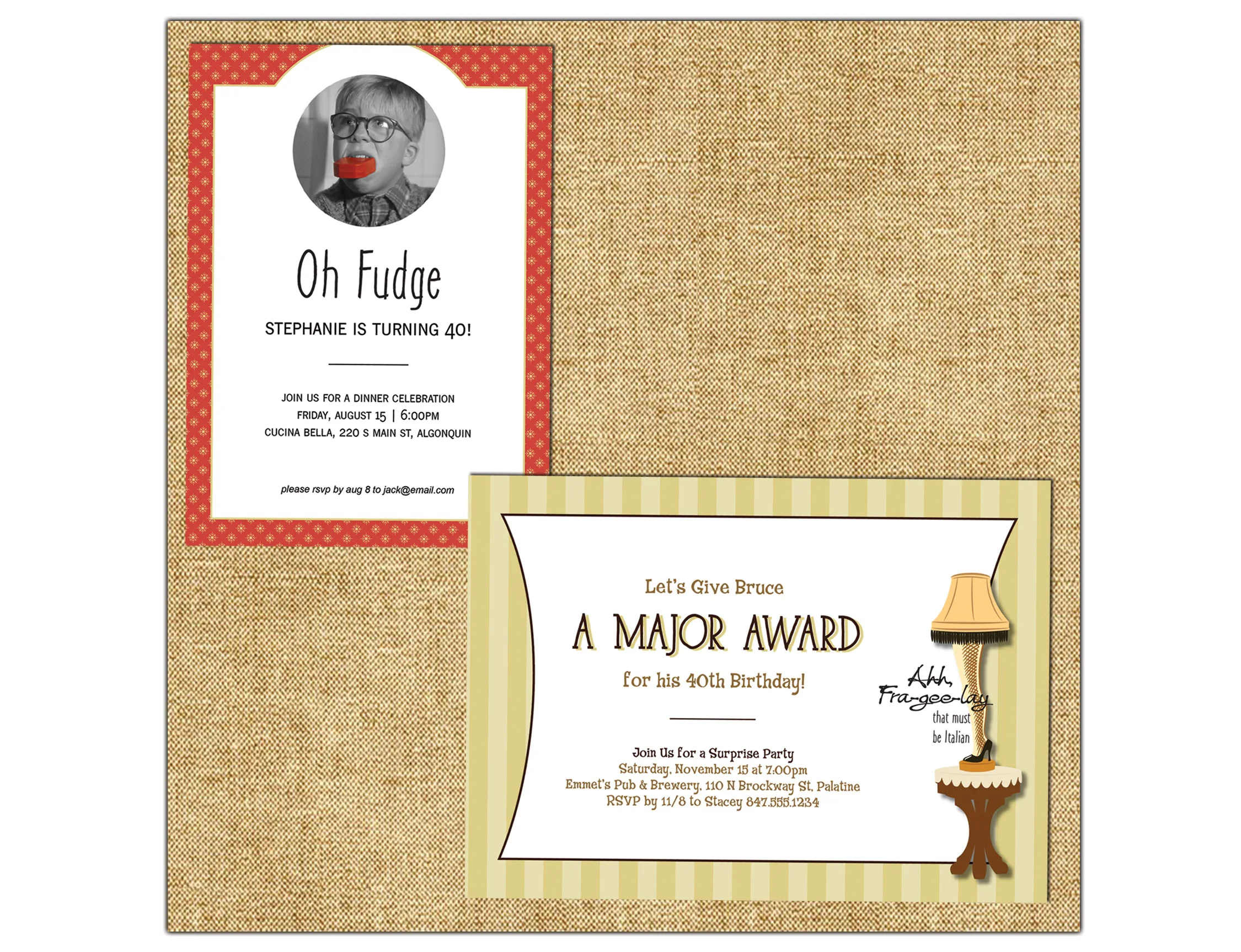 Clockwise from top left: Oh Fudge Adult Birthday Party Invitation, Major Award Adult Birthday Party Invitation. Now available for purchase at PaperStyle.com