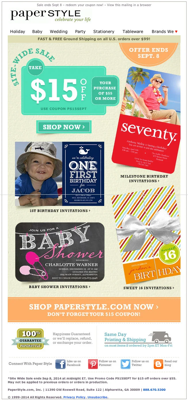 PAPERSTYLE Email campaign featuring TWO designs, Whale First Birthday Invitation and Sweet Stripes Gatefold Birthday Party Invitation