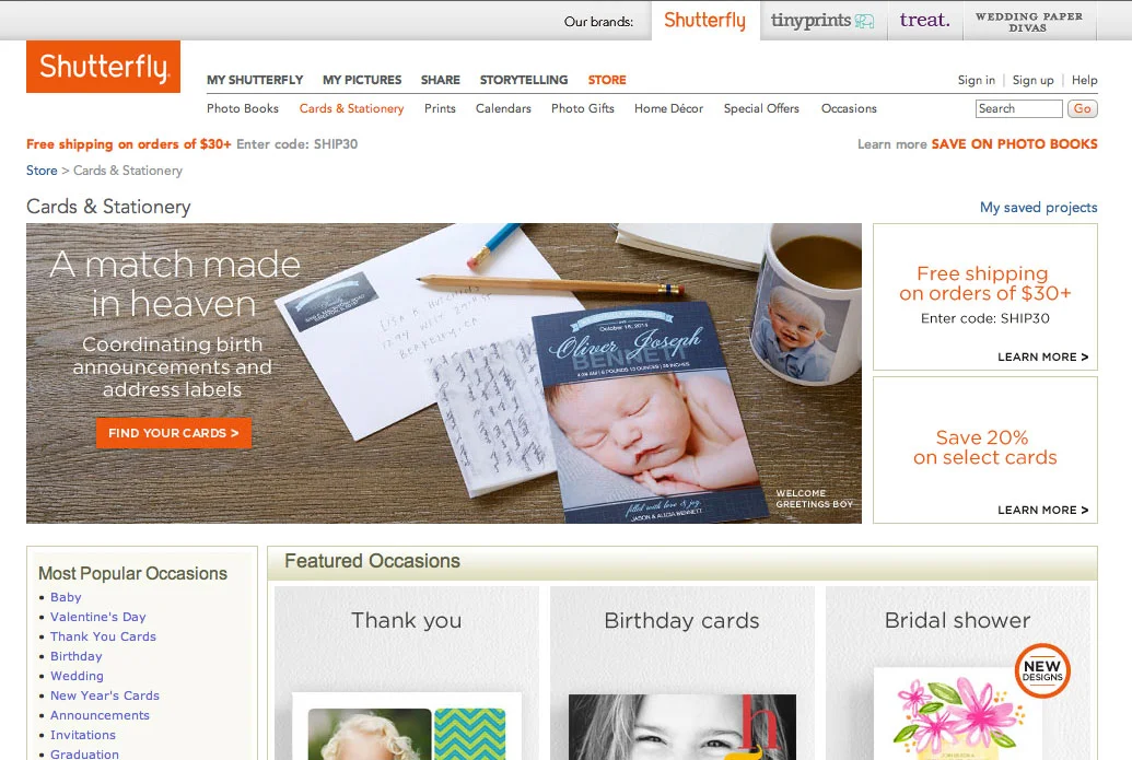 SHUTTERFLY Cards & Stationery Header on Shutterfly.com featuring Welcome Greetings Birth Announcement