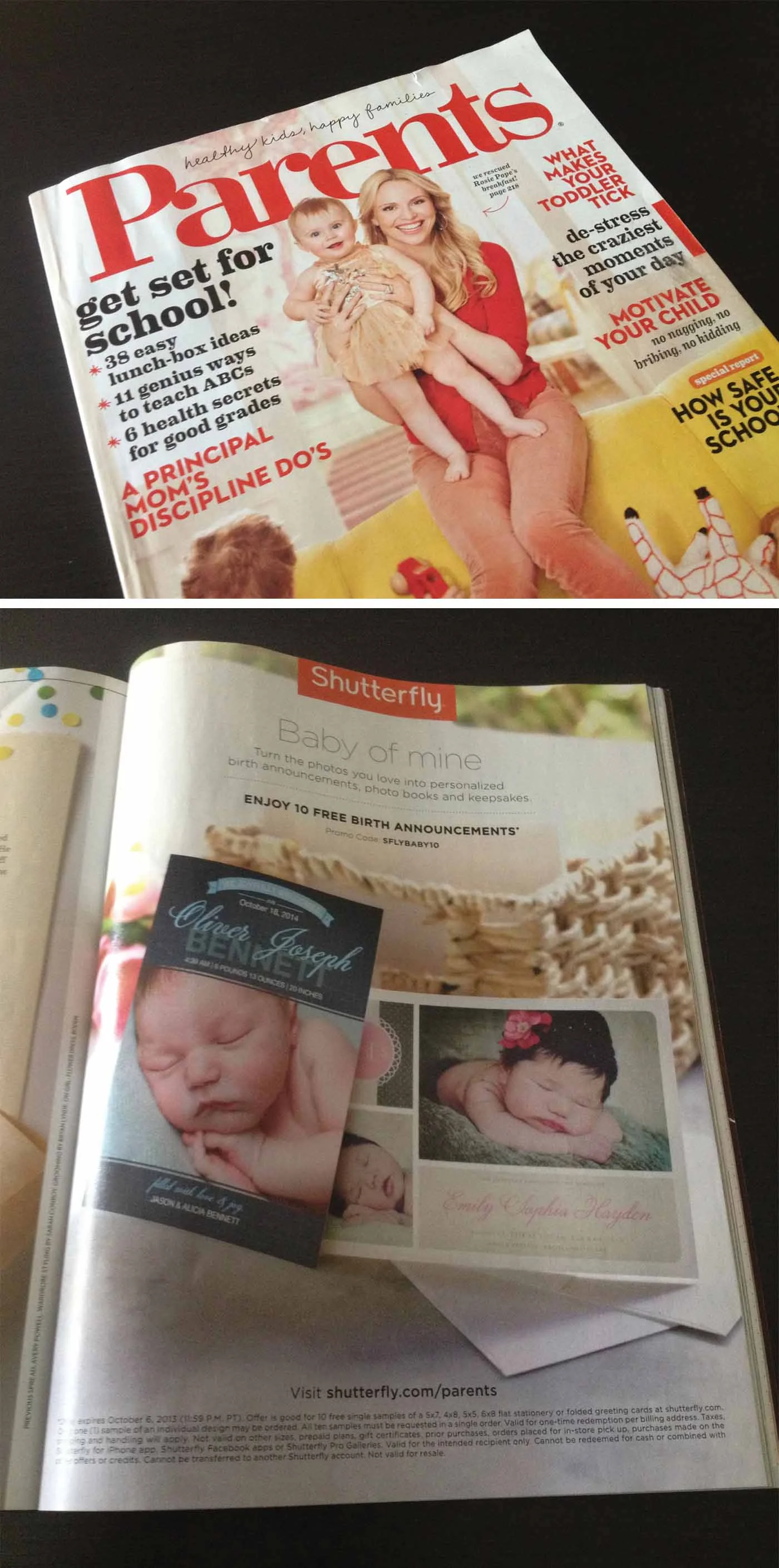 PARENTS MAGAZINE Full page ad from Shutterfly featuring Welcome Greetings Birth Announcement