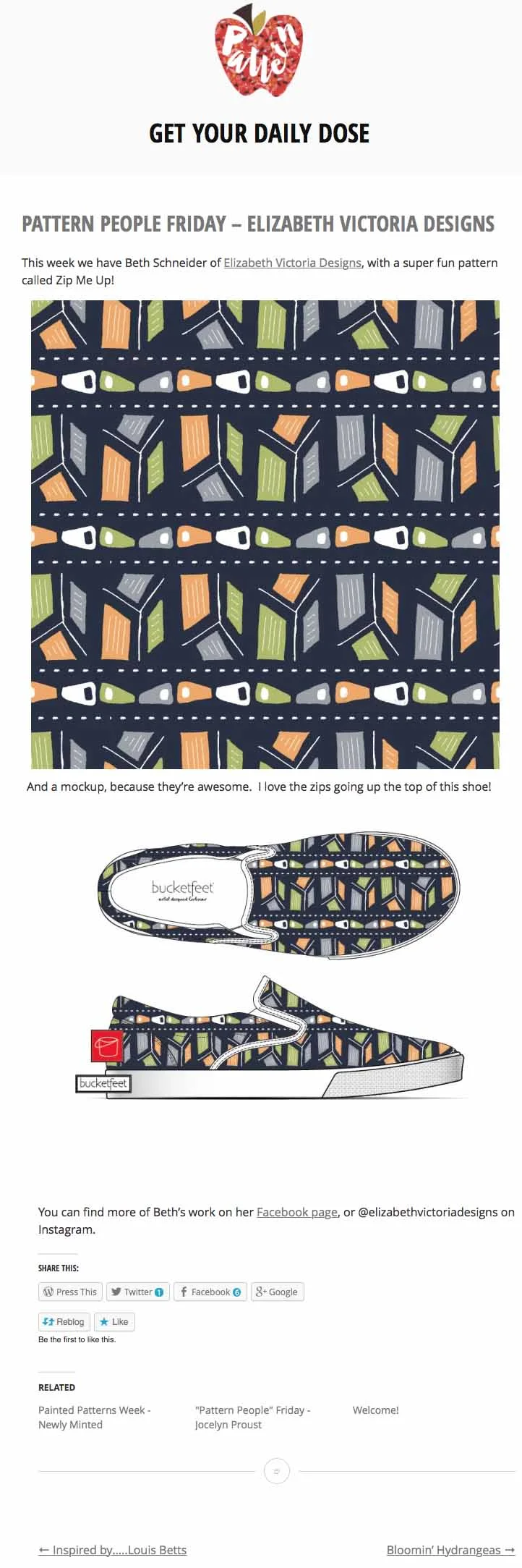 DAILY DOSE OF PATTERN Blog post highlighting Zip Me Up pattern and shoe mockup presented to BucketFeet .