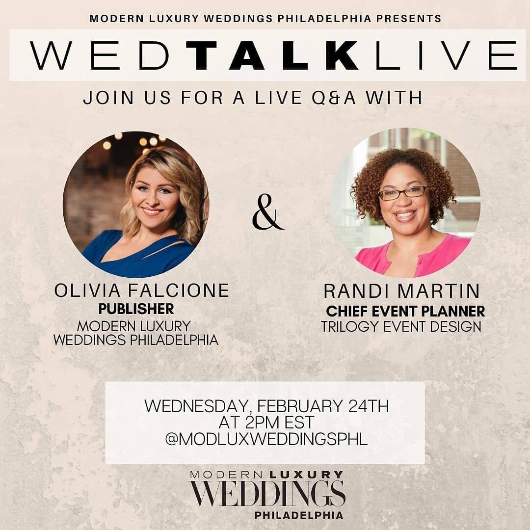 Reposted from @modluxweddingsphl Tomorrow, join us for a new #WEDTALKLIVE segment! Olivia will be talking to Randi Martin of @trilogyeventdesign ✨ see you tomorrow at 2pm EST! 

#phillyweddings #philadelphiaweddingplanner #weddingplannerphiladelphia 
