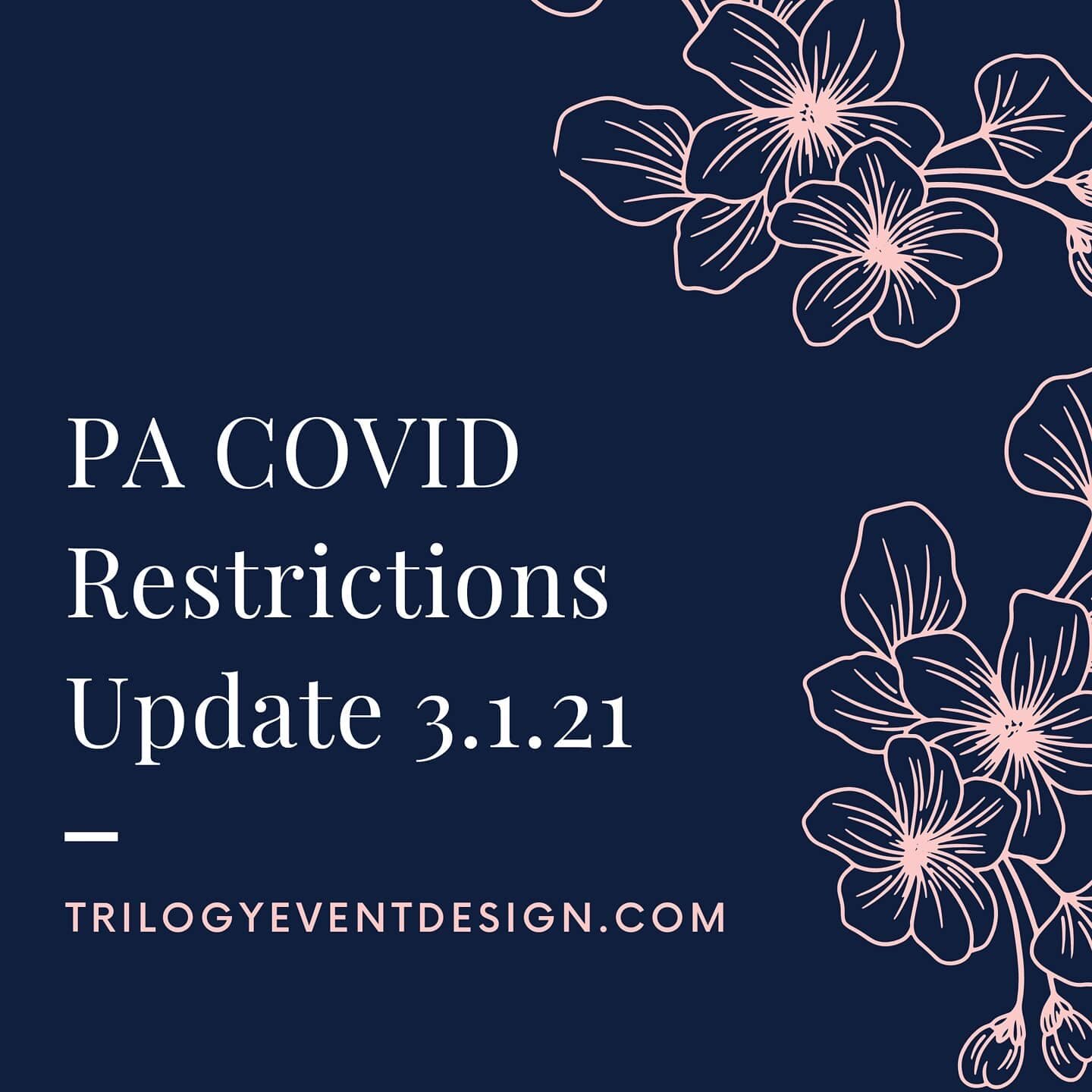 As of March 1, PA COVID-19 restrictions  have been modified as follows:

🌸 Outdoor events are now limited to a 20% maximum occupancy, no matter the venue size.

🌸 Indoor events are now limited to 15% maximum occupancy, no matter the venue size.

Go