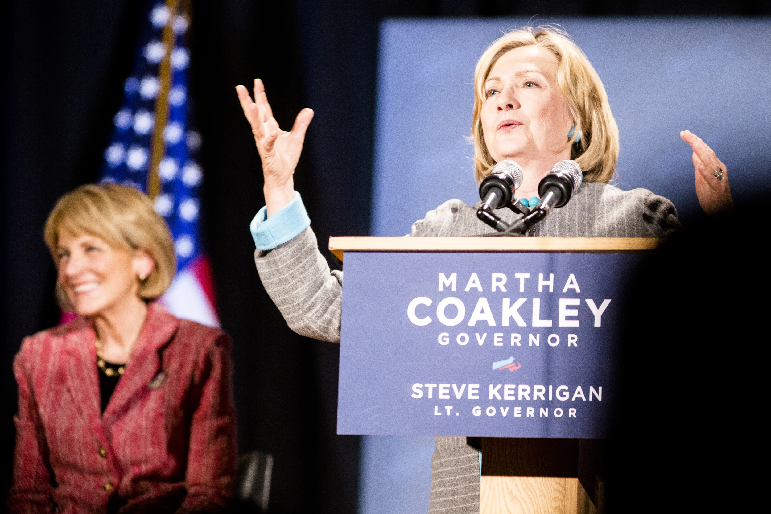 Former secretary of state Hillary Clinton joins Martha Coakley for a campaign rally at Boston Park Plaza on the 24th of October, 2014. Photo By Ann Wang