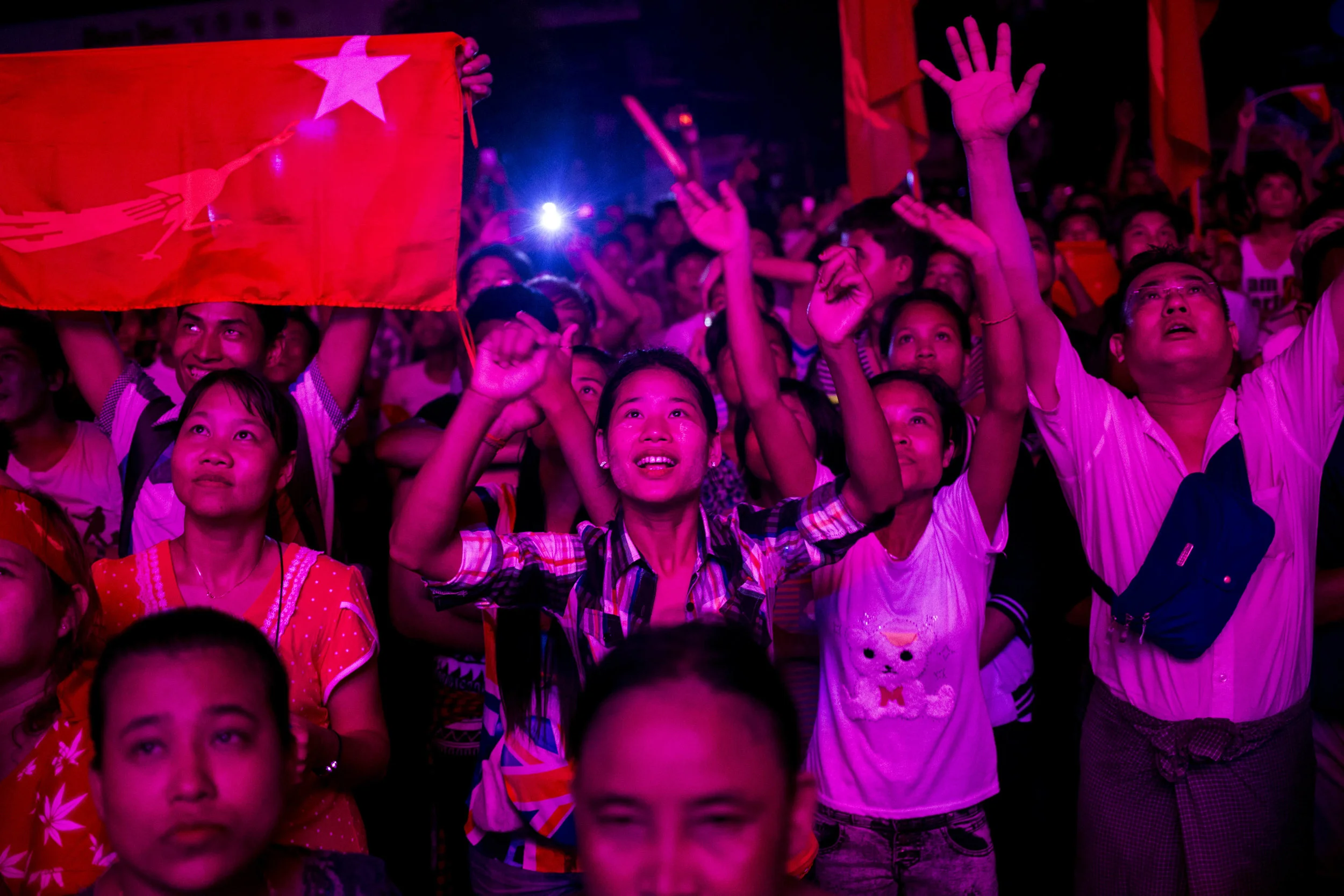 NLD supporters gather in front of NLD head office in Yangon at the night of the election. The results of the election won’t be announced in a couple more days, and the transaction of the government won’t happen until the beginning 2016. Photo by Ann Wang