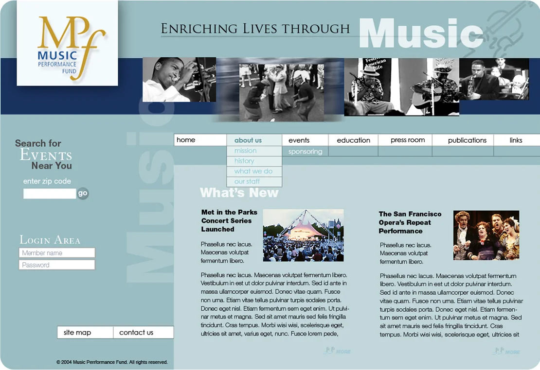  Web site interface design for Music Performance Fund,&nbsp; New York, NY&nbsp;&nbsp;
|&nbsp;  Musicpf.org   