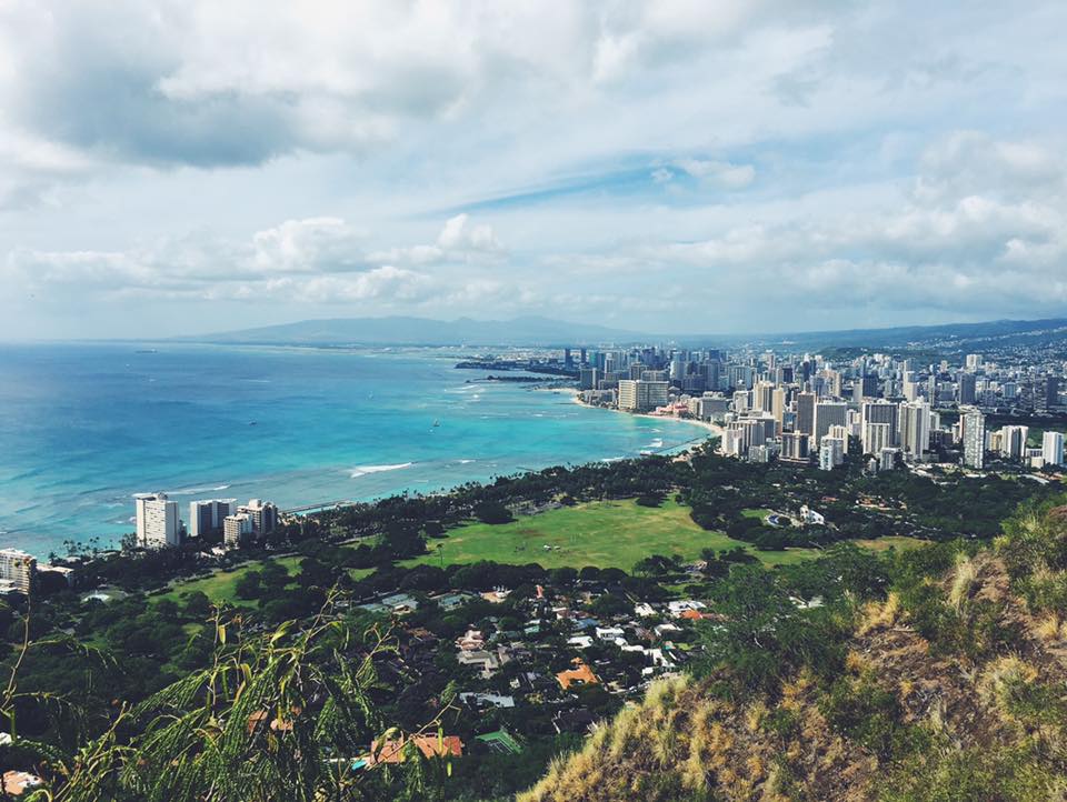 View from top of Diamond Head overlooking Waikiki. 
