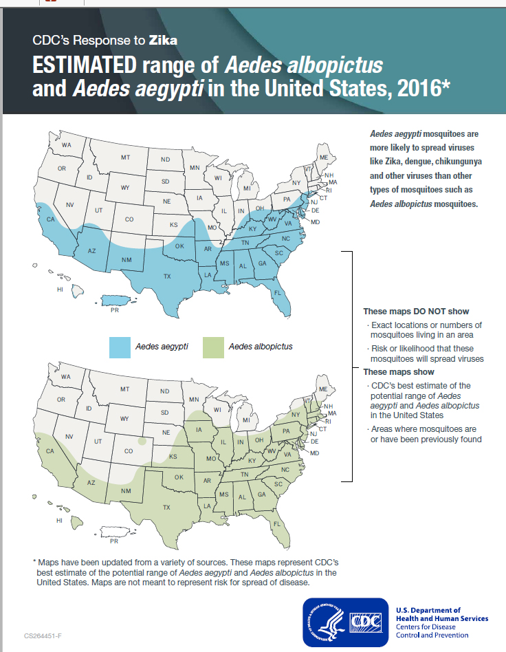 CDC recently updated range maps of the potential distributions of the yellow fever mosquito and the Asian tiger mosquito in the US. Please note that these maps do not indicate risk that mosquitoes will spread viruses in these areas.