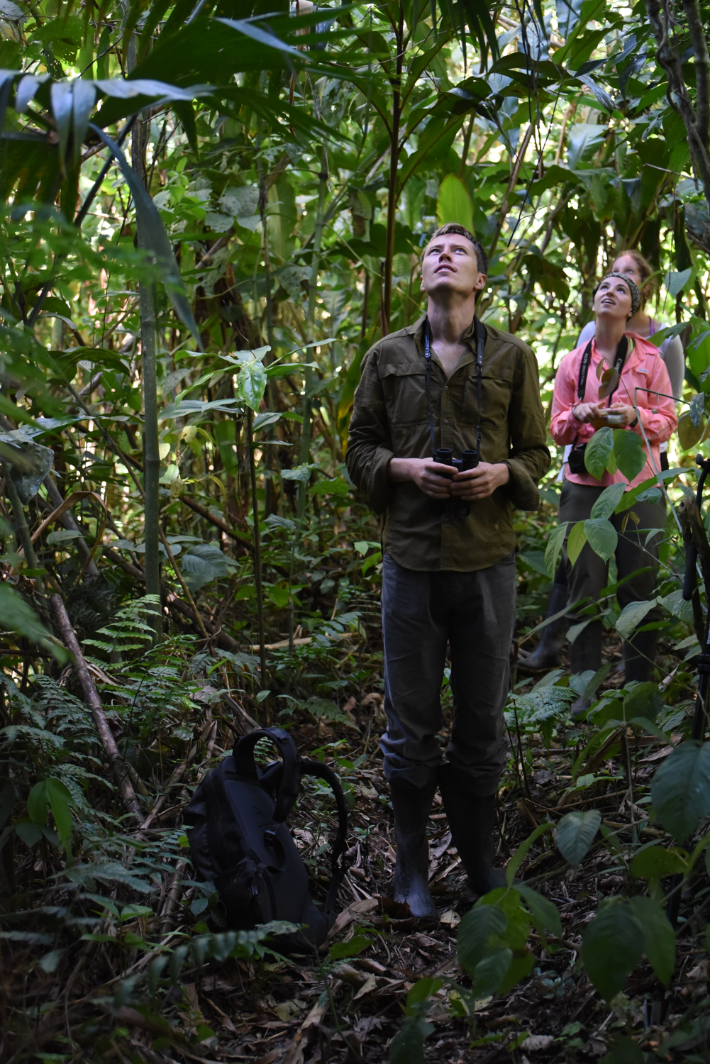 Will Helenbrook and Megan Quirk use callback technology to study responses from nesting night monkey groups at Villa Carmen Biological Station, Peru. 