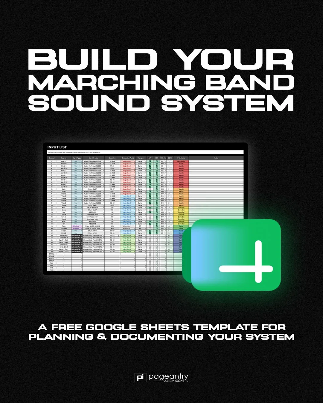 Your sound system shouldn&rsquo;t live in your head.

We built a free Google Sheets template to help marching band audio teams plan, organize, and document their systems before they get to the field.

Build your inputs. Map your outputs. Organize you